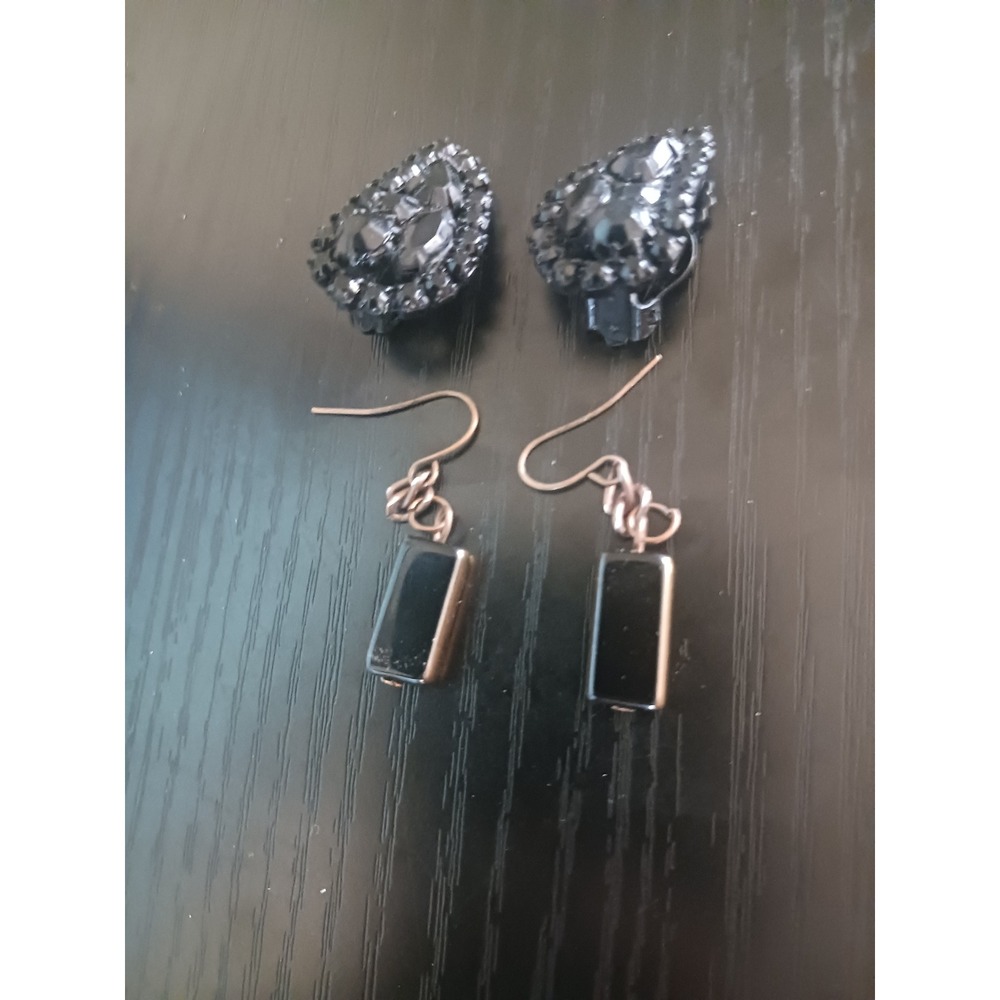 Black Rhinestone Teardrop Clip-On and Rectangular Drop Earring Set 2 Pairs